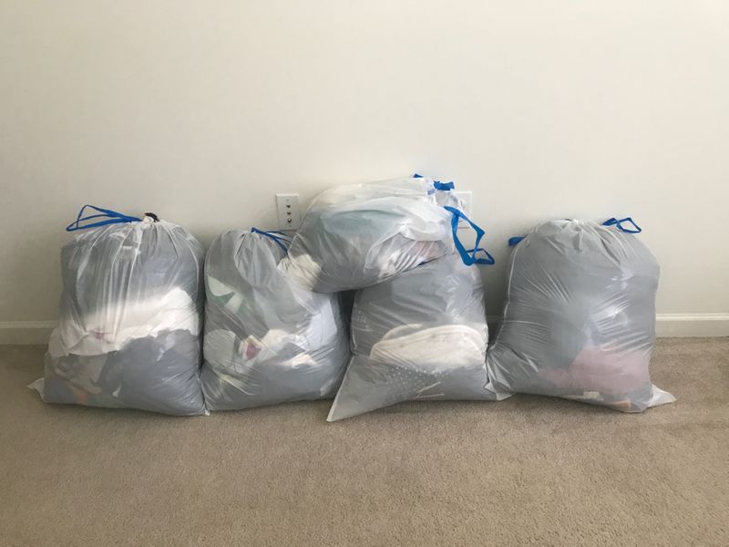 Bags of clothing decluttered with KonMari method