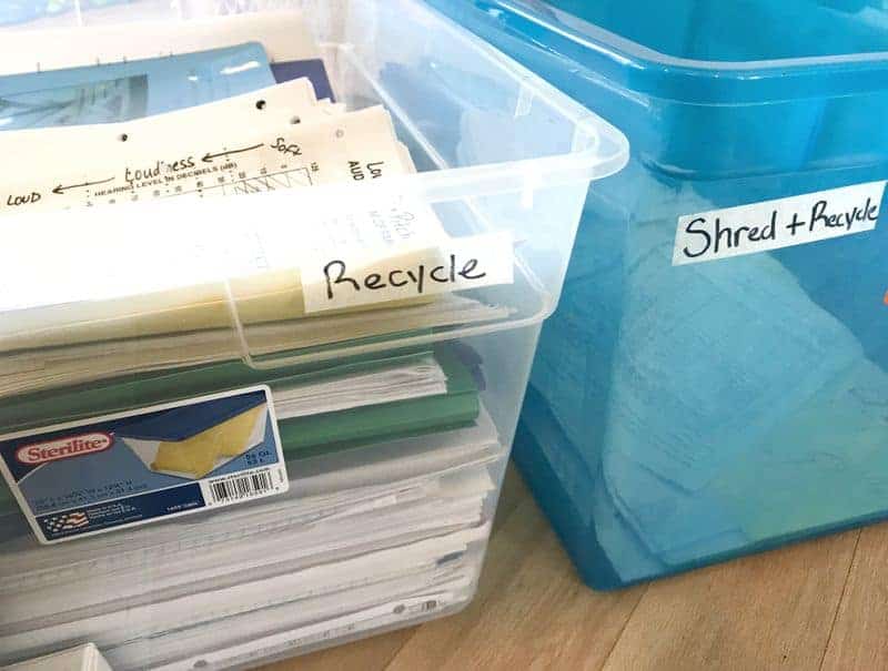 Close up of bins for sorting with KonMari method