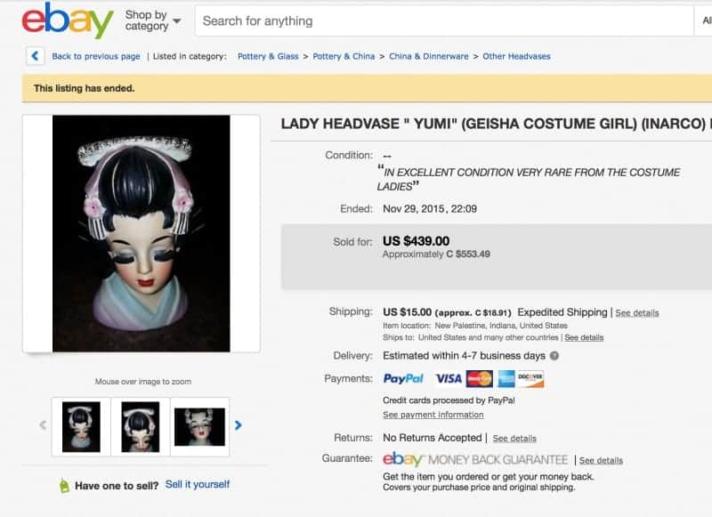 Inarco Japanese Yumi head vase sold on eBay