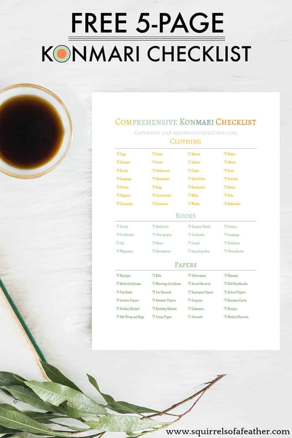 A KonMari checklist laying next to a cup of coffee