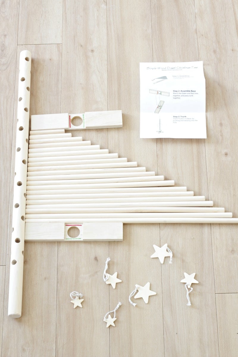 Close up of wooden dowel Christmas tree kit.