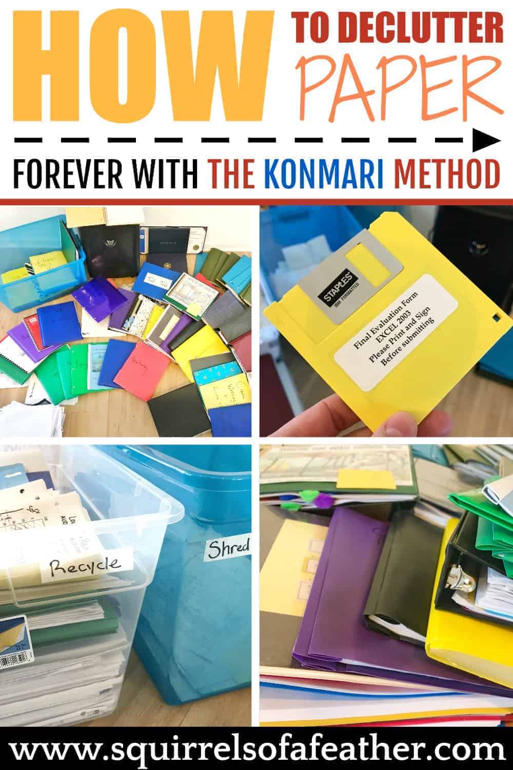 Stages of decluttering paper with the KonMari method