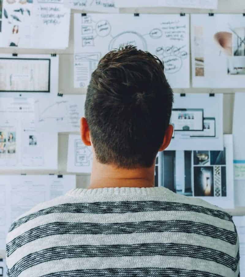 A man staring at a plan to organize papers