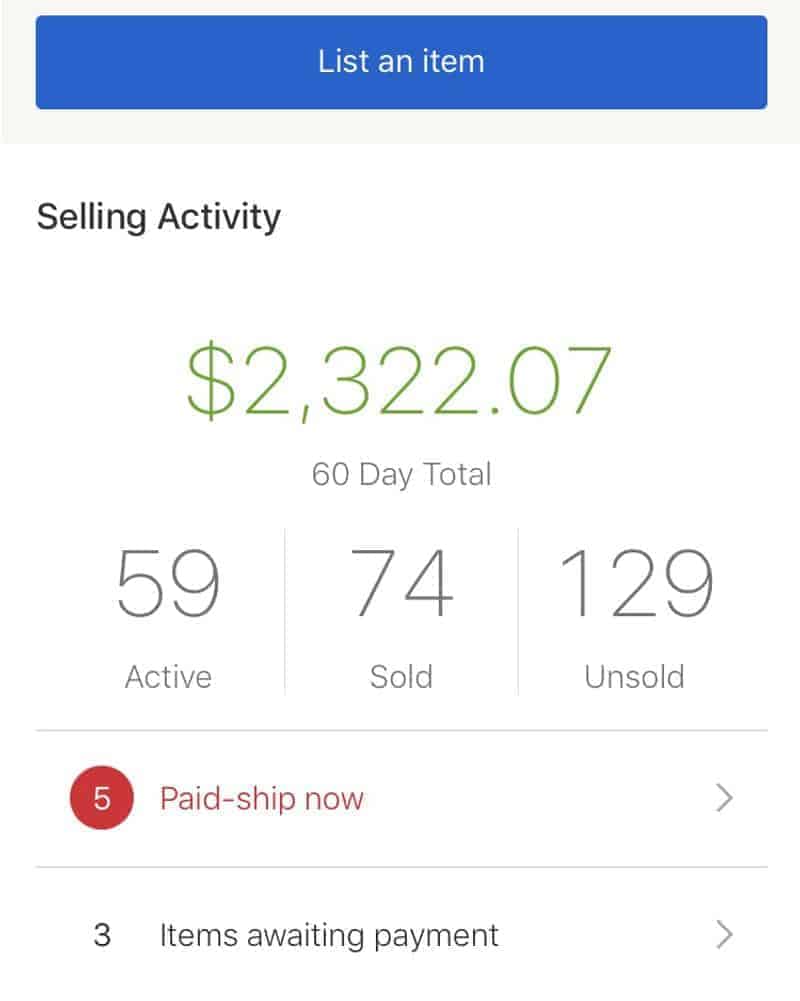 Screenshot of $2,000 eBay income