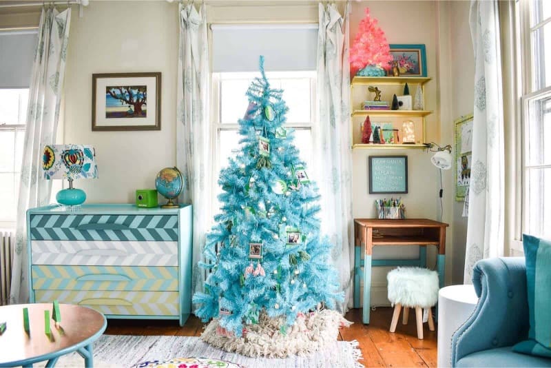 A colorful minimalist blue Christmas tree