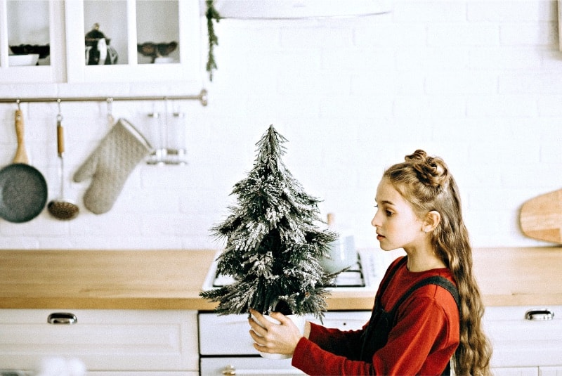 A girl holding a miniature minimalist Christmas tree