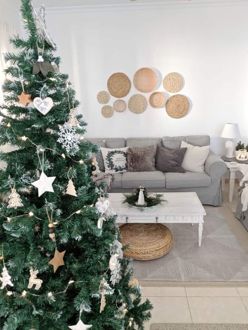 A scandinavian minimalist Christmas tree with ornaments