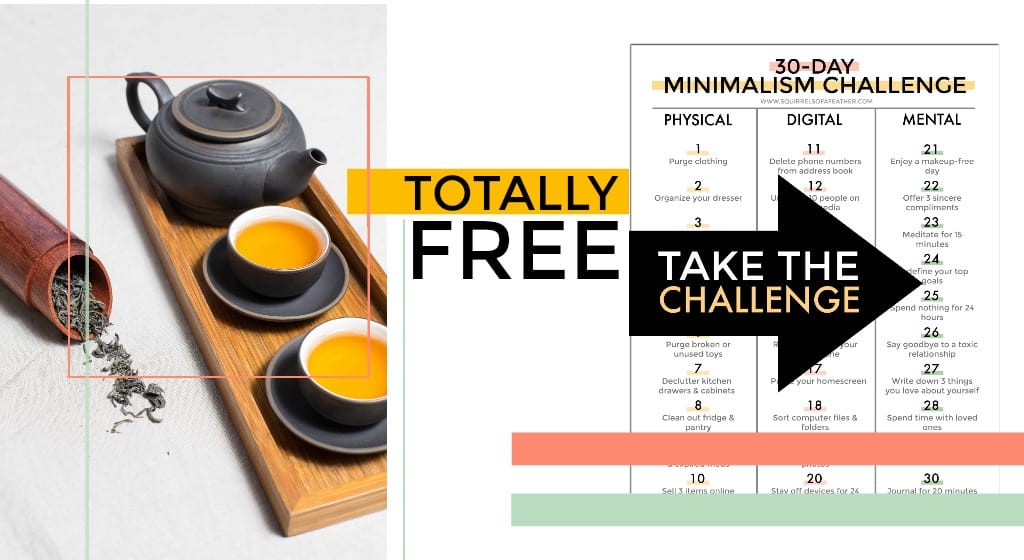 A beautiful tea set next to a minimalism challenge printable PDF