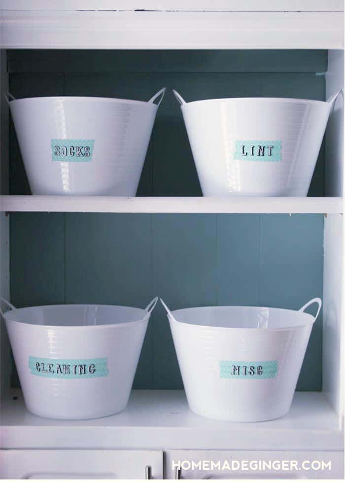 Laundry Room Storage made from Dollar Store Tubs
