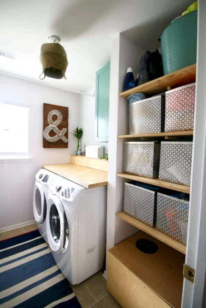 Laundry room with a blue rug