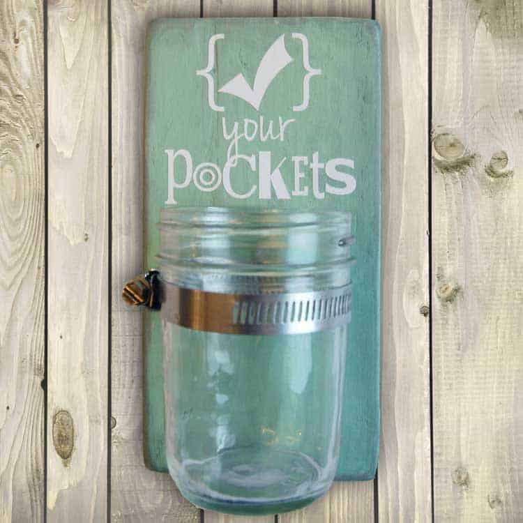 DIY mason jar check your pockets laundry room storage container 