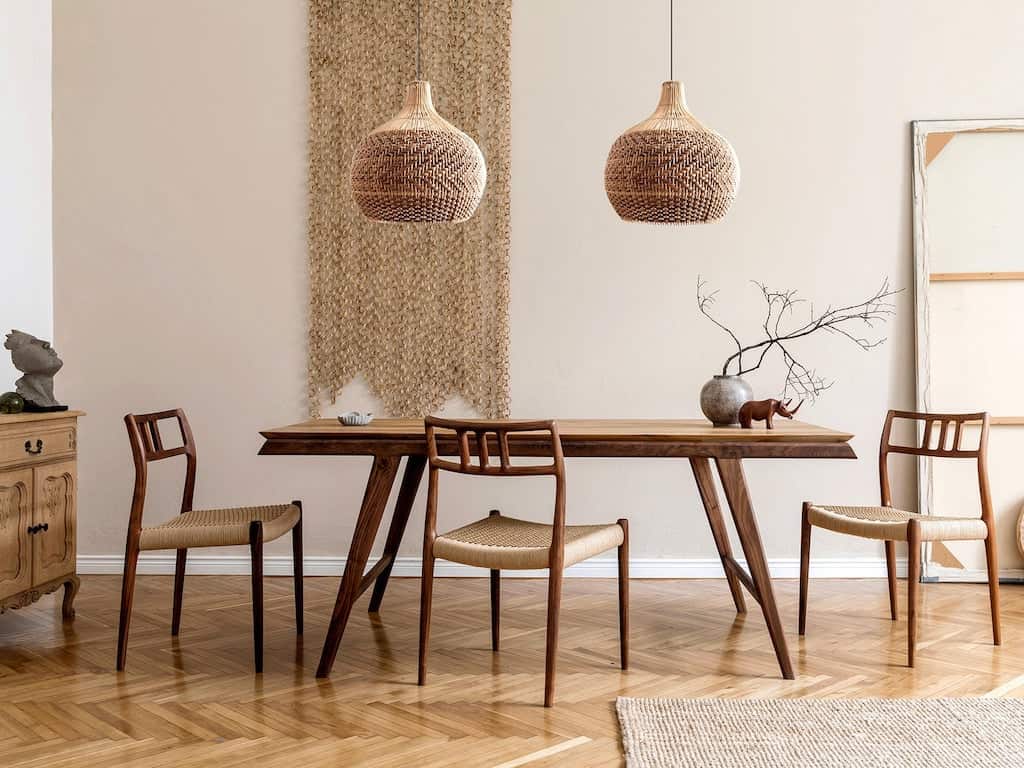 A dining room in a minimalist apartment with modern chairs and table.