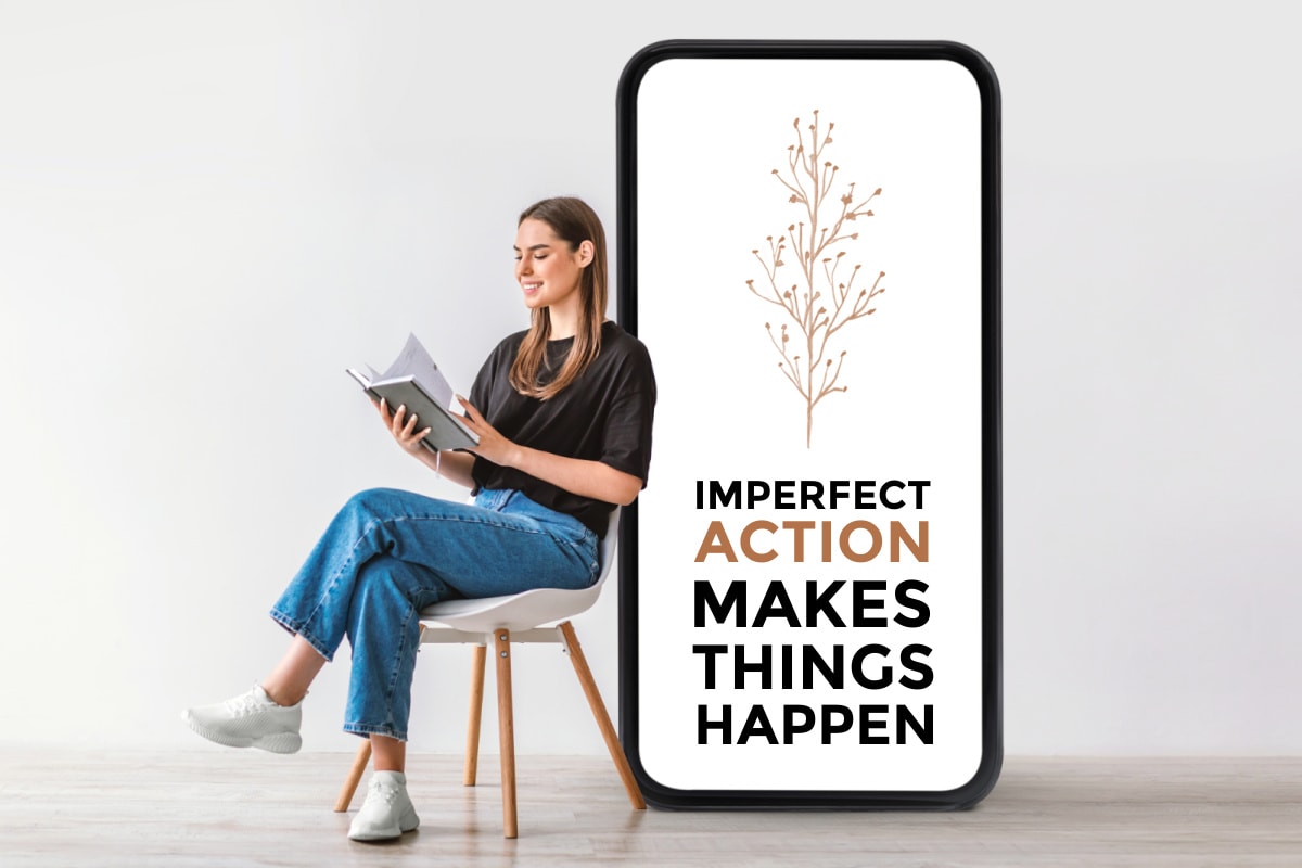 A woman reading the best life mottos for inspiration to put on her phone.