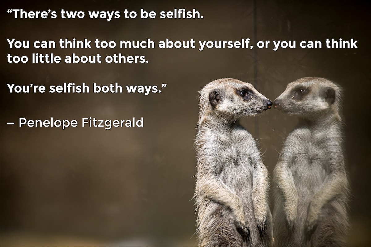 A creature looking in the mirror next to a quote about selfish people