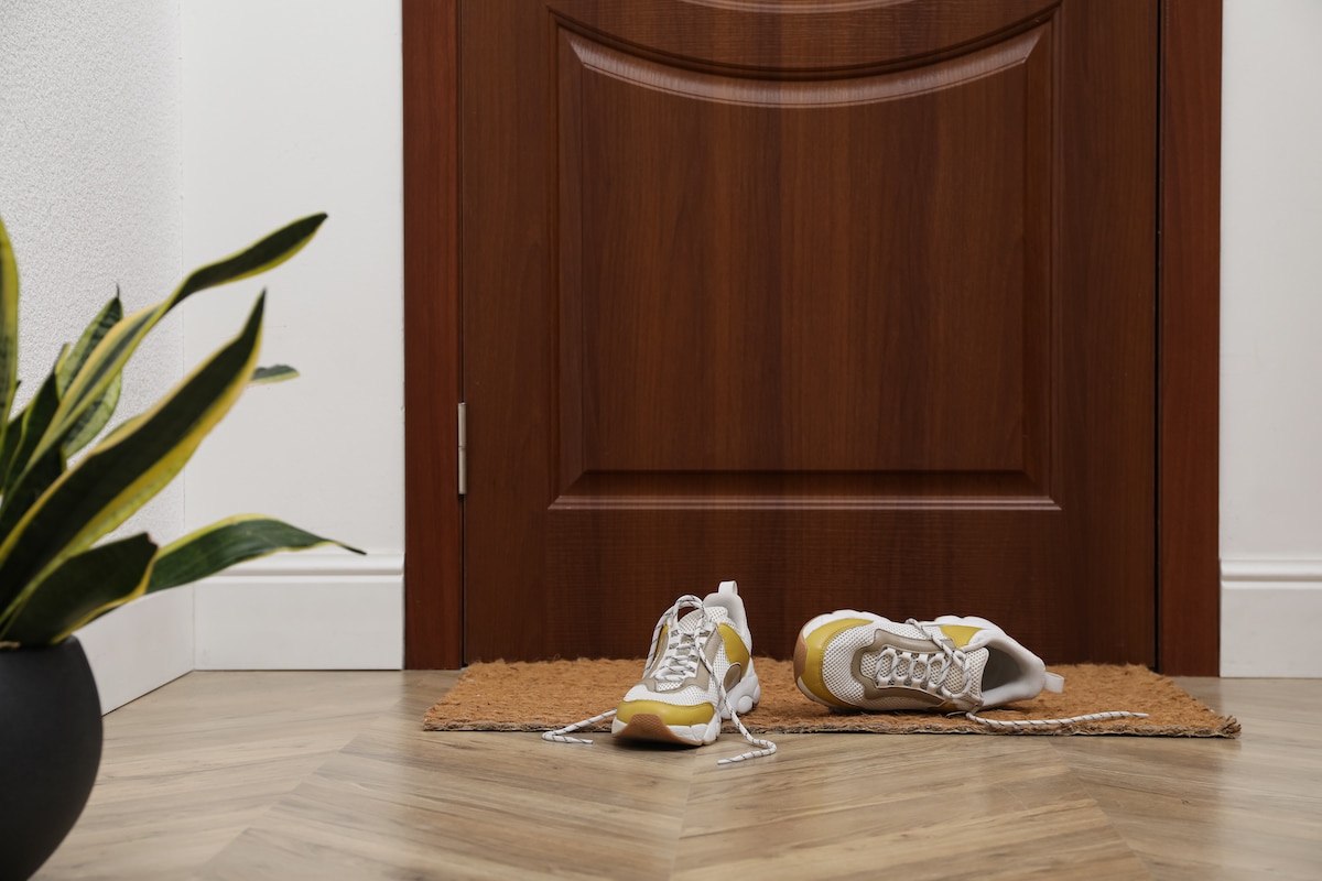 A beautiful no shoes home where people remove their shoes and leave them on the rug