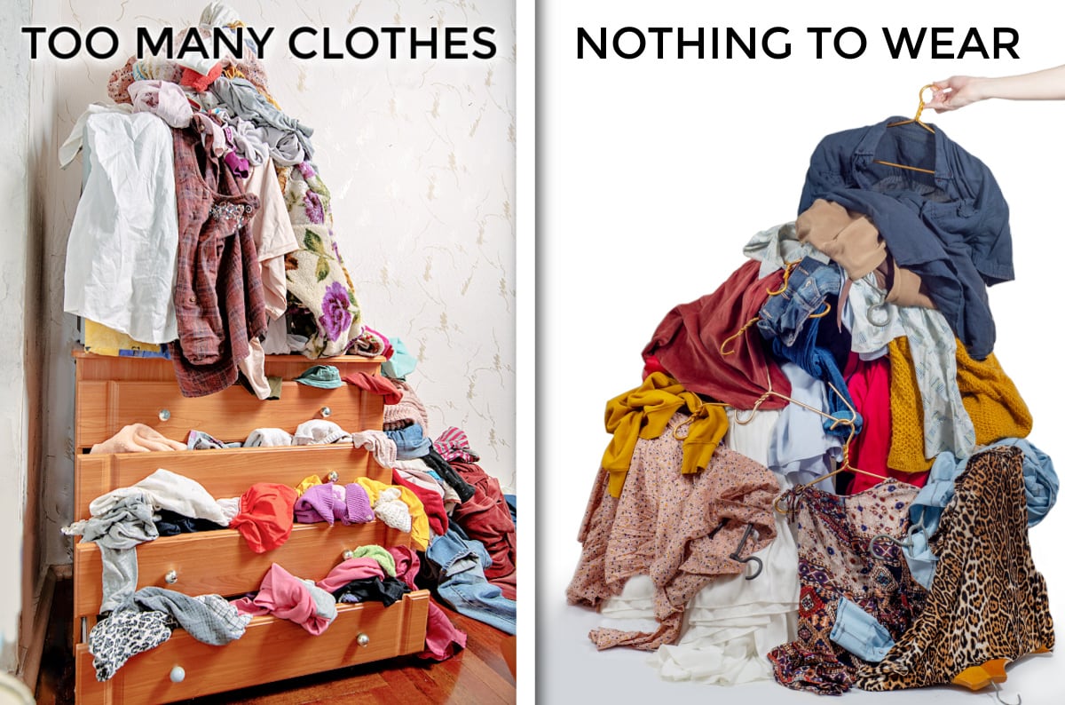 Before and after of clothing hoarding too many clothes to a donate pile.