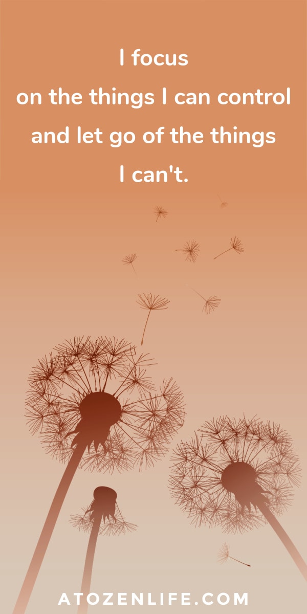 An affirmation for letting go on an image of dandelions blowing away.