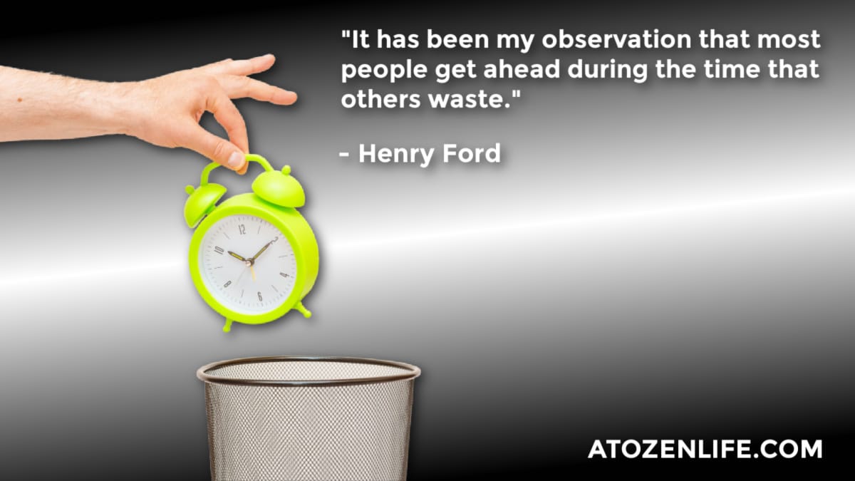 A hand throwing away a clock next to a quote about time wasters