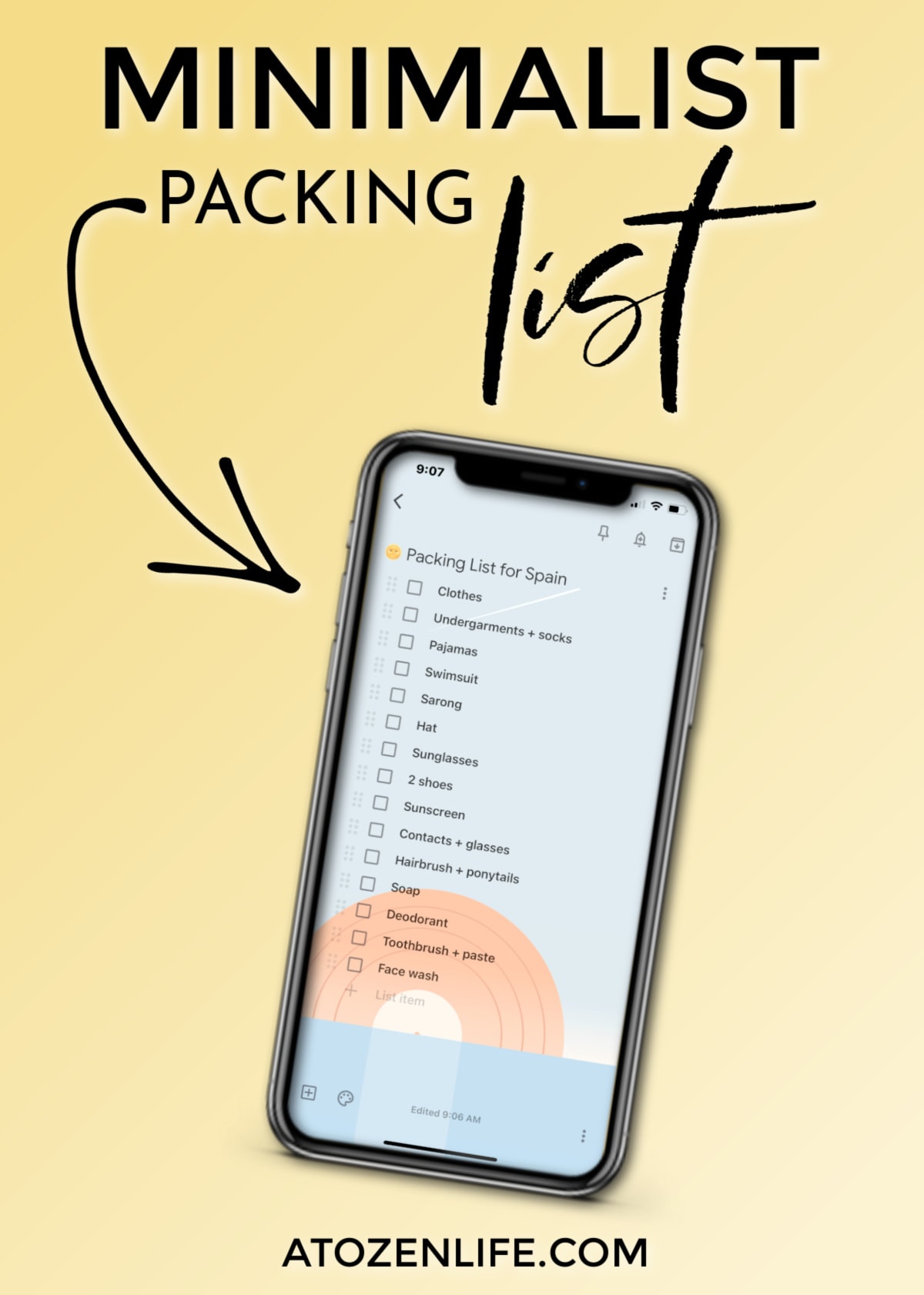 A minimalist packing list on a phone app