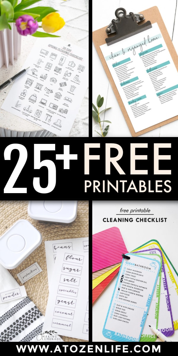 Close up of 4 free printables on a table to help declutter, clean, and organize your home