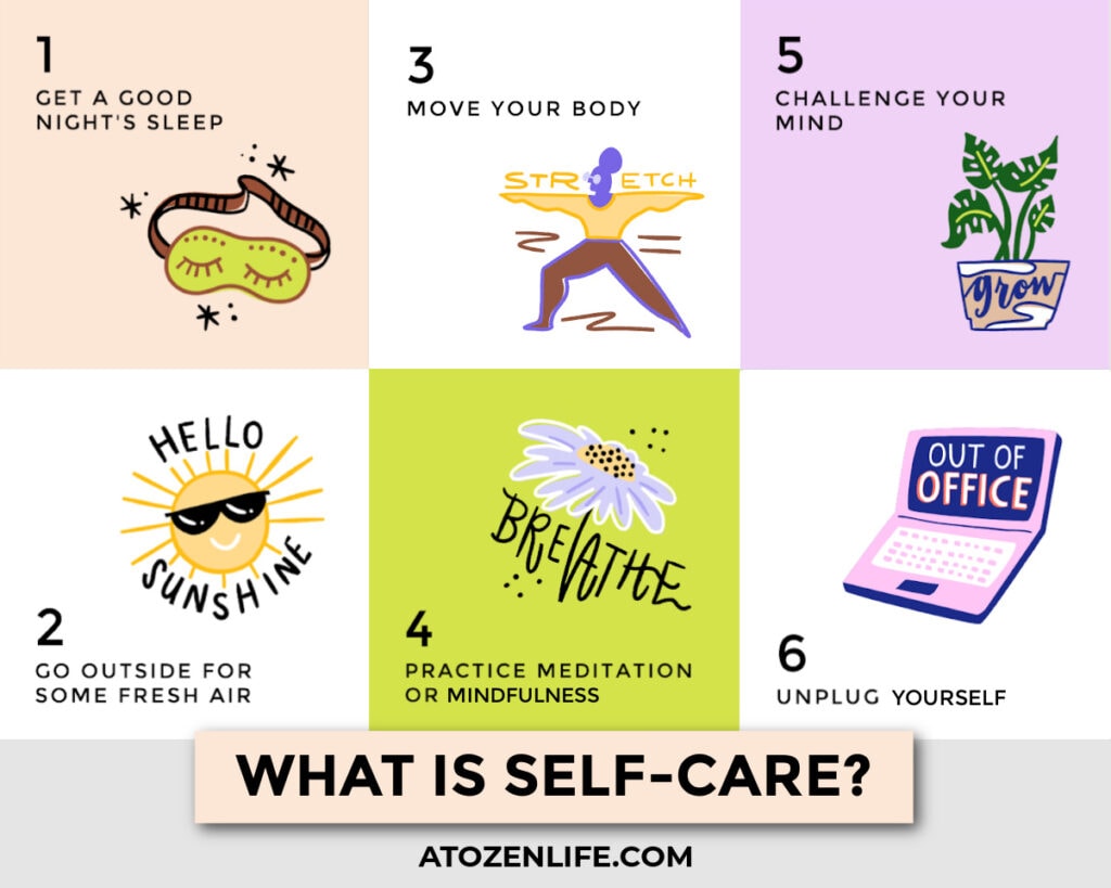 A colorful infographic with various types of self-care and the benefits of them